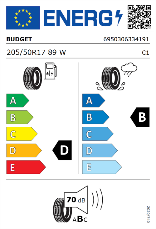 Tyre Label for Budget Budget 205/50R17 89W