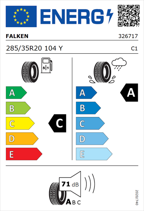 Tyre Label for Falken Azenis FK510 285/35R20 104Y