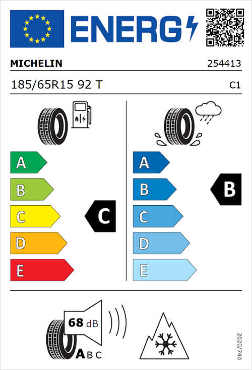 Tyre Label for Michelin CrossClimate + 185/65R15 92T